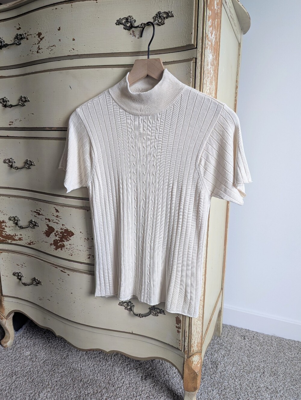 Vintage Victoria Jones Silk Short Sleeve Cable Knit Turtleneck Cream Size M